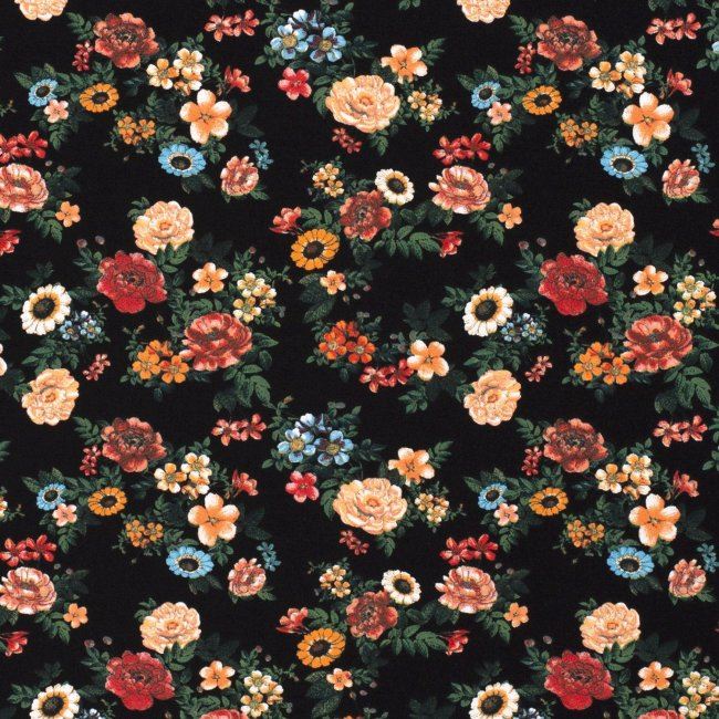 Bavlnený úplet v čiernej farbe s potlačou kvetín 15329/069