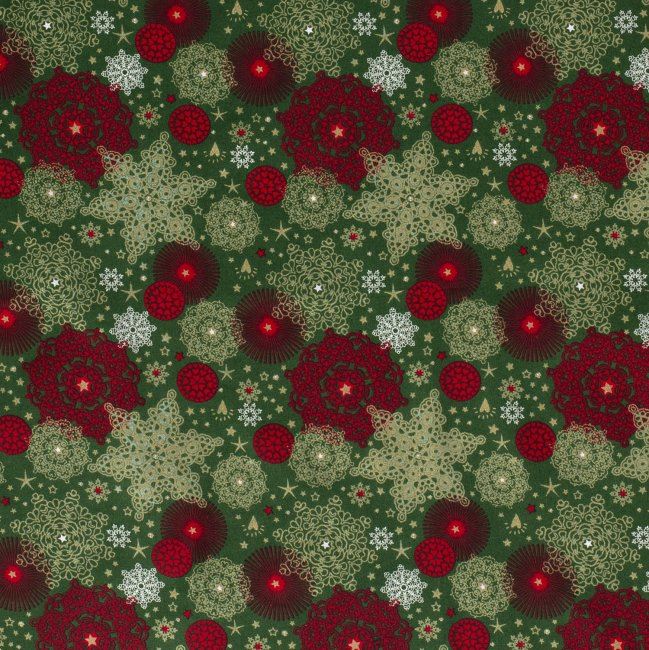 Vianočná látka z bavlny v zelenej farbe s potlačou vianočných hviezd 14702/025