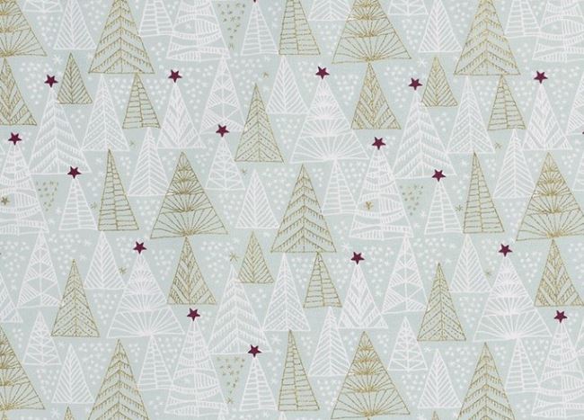 Vianočná látka z bavlny v mentolovej farbe s potlačou stromčekov 16716/022