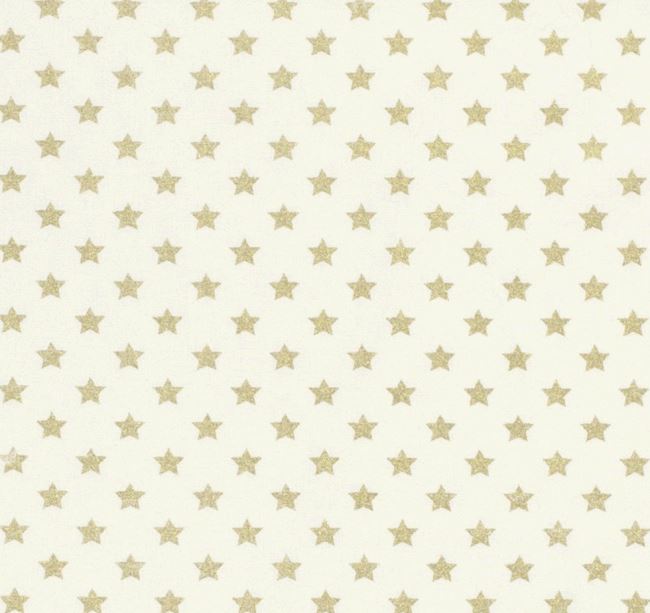 Vianočná látka z bavlny v smotanovej farbe s potlačou zlatých hviezdičiek 20704/051