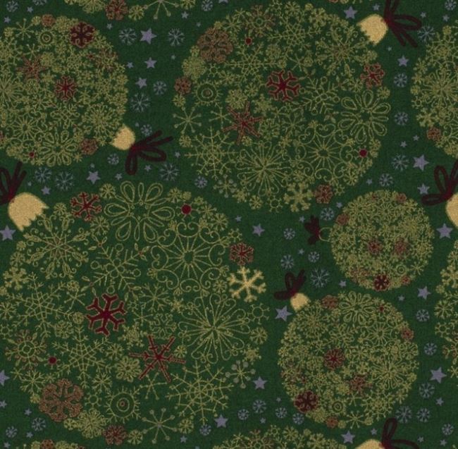Vianočná látka z bavlny v tmavo zelenej farbe s potlačou vločiek 14704/025