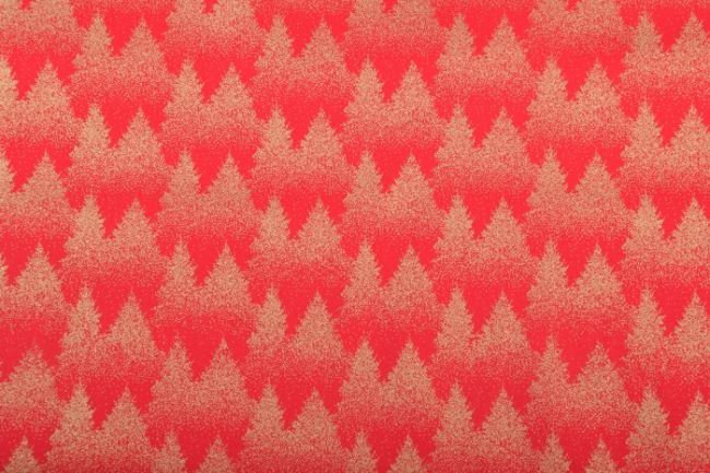 Vianočná látka z bavlny v červenej farbe so zlatými stromčekmi 12709/015