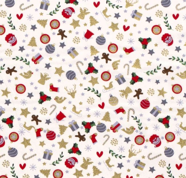Vianočná bavlnená látka v smotanovej farbe s drobnou potlačou darčekov 18731/051