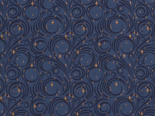 Vianočná bavlnená látka v modrej farbe s potlačou ozdobných ornamentov 18726/006