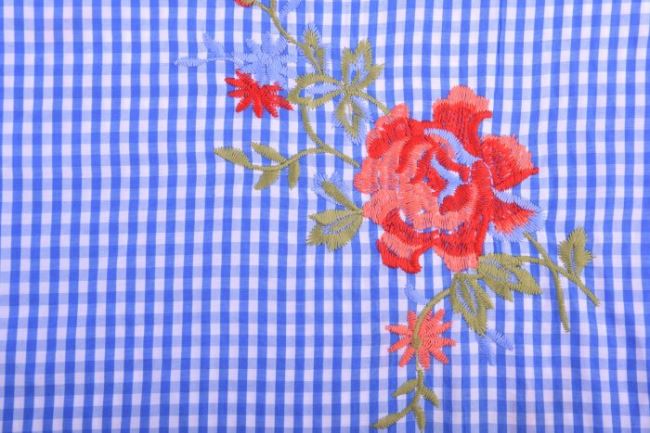 Bavlna so vzorom modrého pepita a vyšitých ruží 14980/630