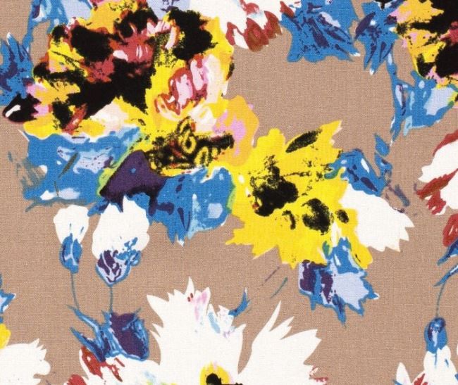 Viskózová látka s prímesou ľanu v béžovej farbe s farebnými kvetmi 15250/052