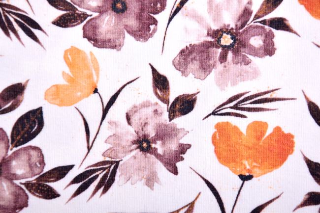 Bavlnený úplet v smotanovej farbe s digitálnou potlačou jesenných kvetov 186521
