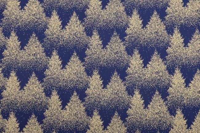 Vianočná látka z bavlny v tmavo modrej farbe so zlatými stromčekmi 12709/008