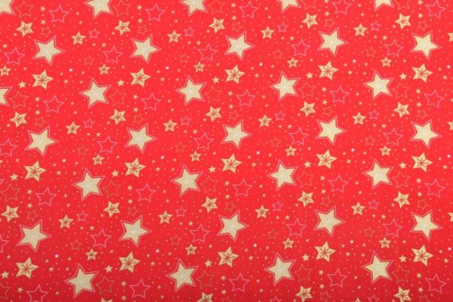 Vianočná látka z bavlny v červenej farbe so zlatými hviezdičkami 12715/015