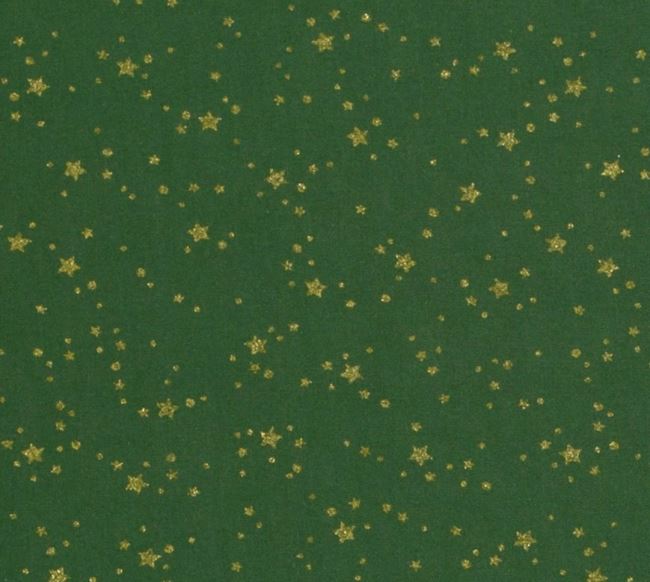 Vianočná látka z bavlny v zelenej farbe s potlačou zlatých hviezdičiek a bodiek 20709/025