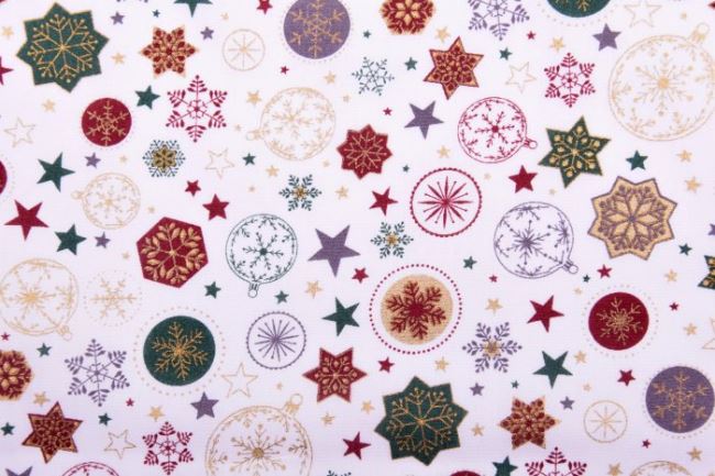 Vianočná látka z bavlny v smotanovej farbe s vianočnou potlačou hviezd a ozdôb 12716/051