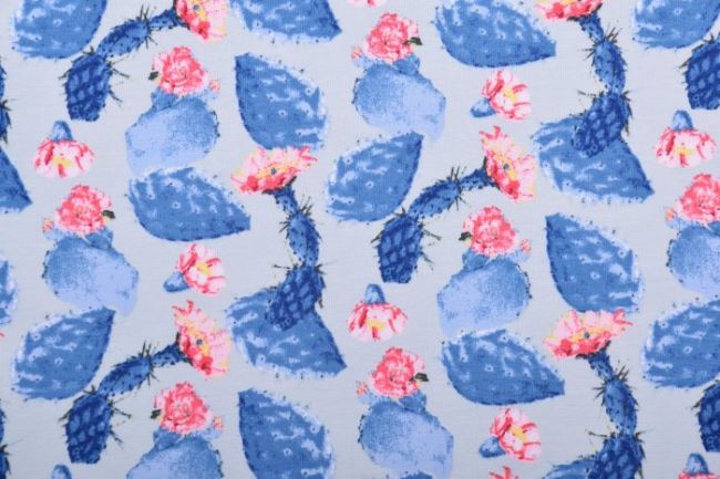 Bavlnený úplet s Oeko-Tex v modrej farbe s potlačou rozkvitnutých kaktusov 130.822/3001