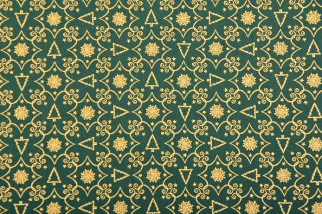 Vianočná látka z bavlny v zelenej farbe so zlatým vzorom 128.560/5031