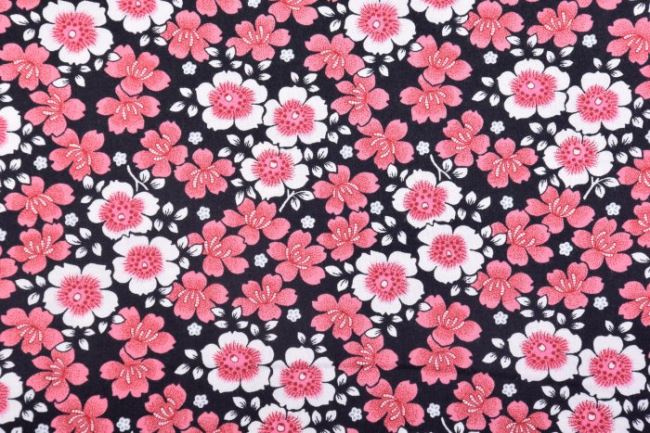Americká bavlna na patchwork v čiernej farbe s potlačou kvetín 199PYOPM/40