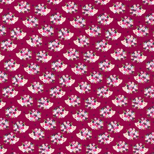 Bavlnený úplet v tmavo ružovej farbe s potlačou kvetovaných ježkov 12605/019