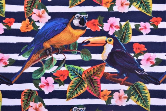 Bavlnený digitálny úplet s potlačou papagájov a tukanov 60870