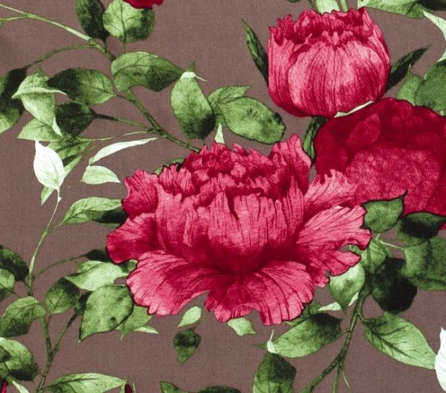 Viskózová látka v hnedej farbe s veľkými kvetmi 14286/054