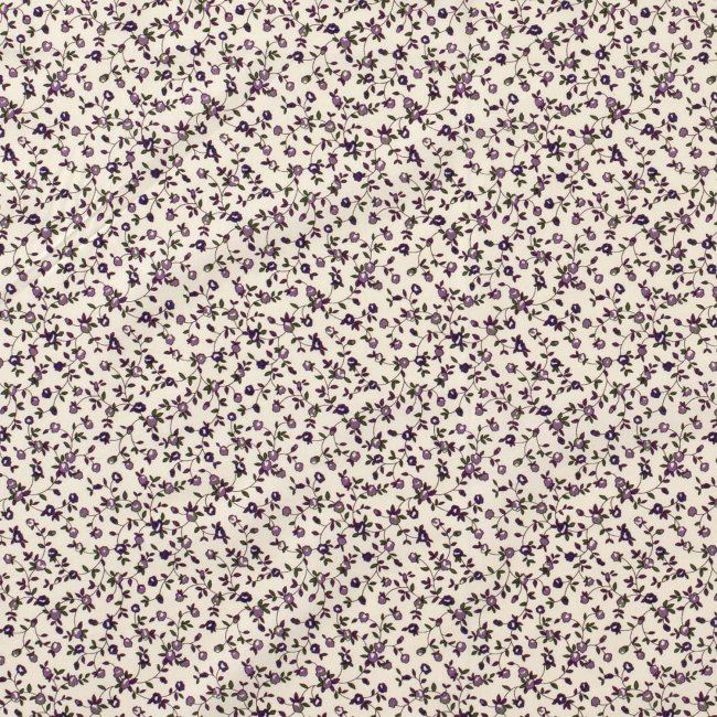 Bavlnená látka v smotanovej farbe s drobnými fialovými kvetmi 13596/045