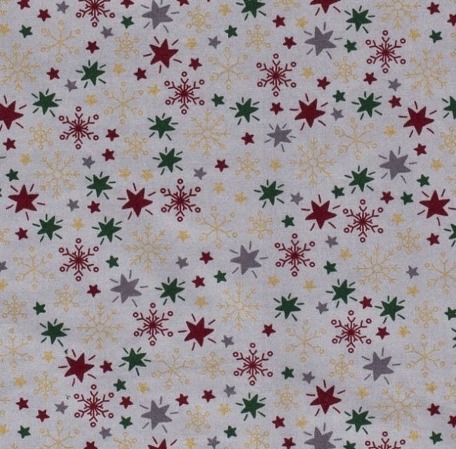 Vianočná látka z bavlny v šedej farbe s potlačou hviezd 14703/061