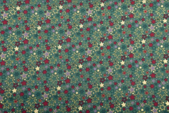 Vianočná látka z bavlny v zelenej farbe s vianočnou potlačou hviezd a ozdôb 12716/025