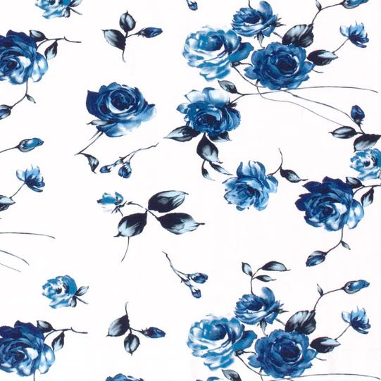 Bavlnený úplet s digitálnou potlačou modrých kvetov 21296/006