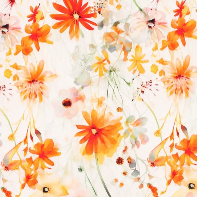 Strečová bavlna v smotanovej farbe s digitálnou potlačou kvetín 20991/020