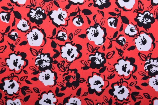 Strečová bavlna v červenej farbe s kvetmi 132.314.3002