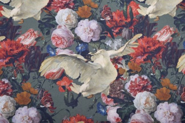 Bavlnený úplet s digitálnou potlačou rozkvitnutých kvetín a labute 14900-10