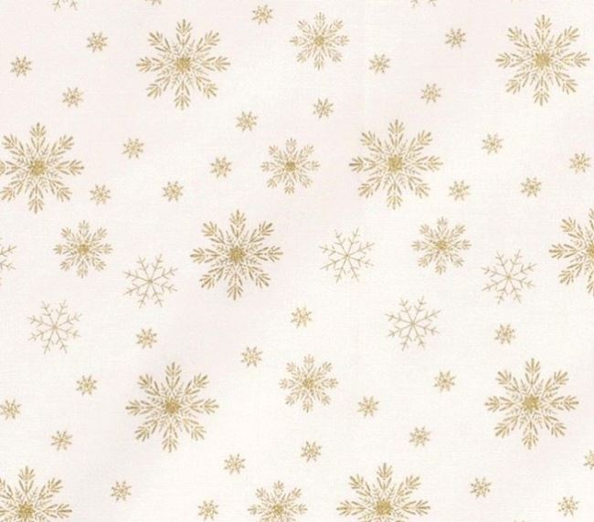 Vianočná látka z bavlny v smotanovej farbe s potlačou zlatých snehových vločiek 16720/051