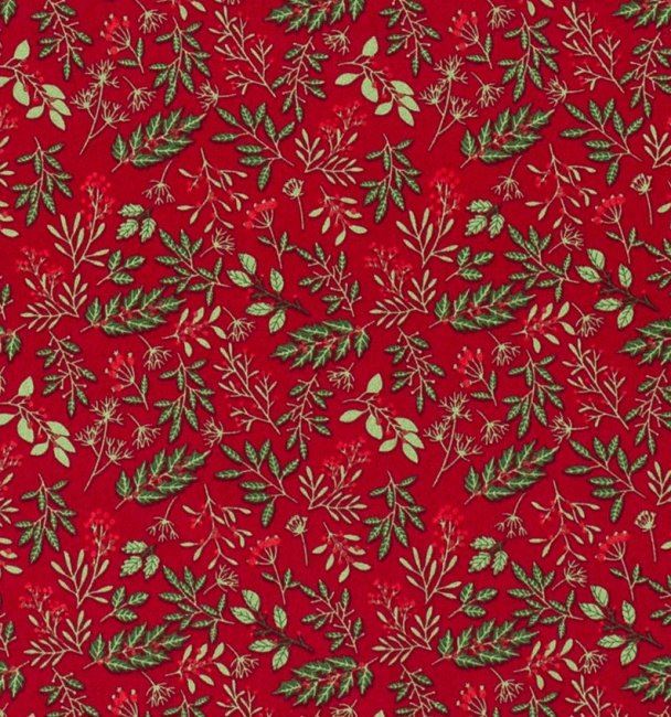 Vianočná látka z bavlny v červenej farbe s potlačou vetvičiek 16723/015