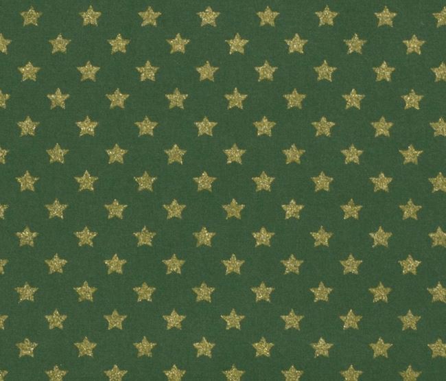 Vianočná látka z bavlny v zelenej farbe s potlačou zlatých hviezdičiek 20704/025