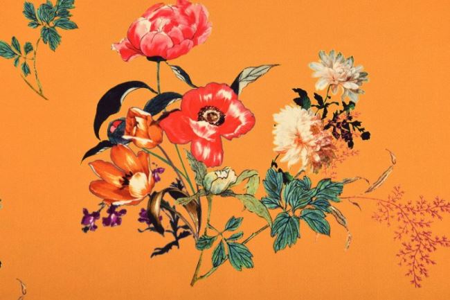 Strečová bavlna v oranžovej farbe s kvetmi 15702/570