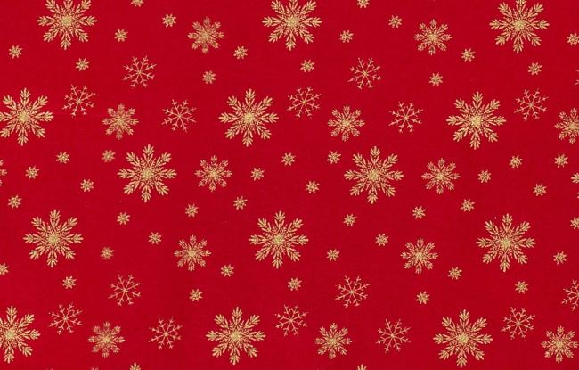Vianočná látka z bavlny v červenej farbe s potlačou zlatých snehových vločiek 16720/015
