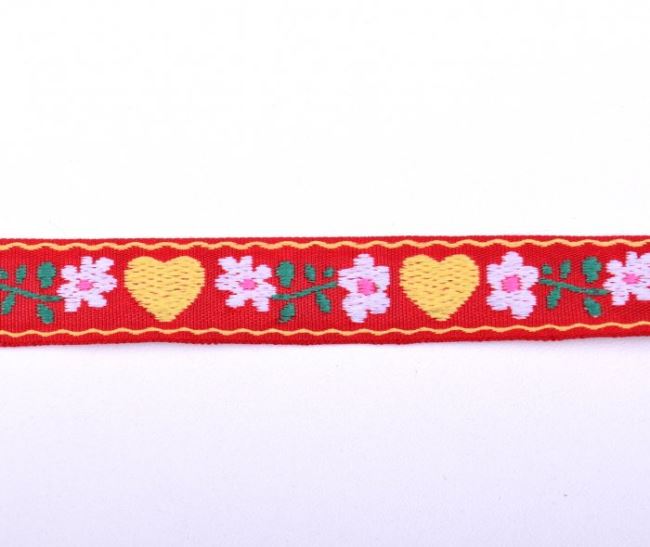Ozdobná tkaná stuha v červenej farbe s kvetmi a srdiečkami 30126