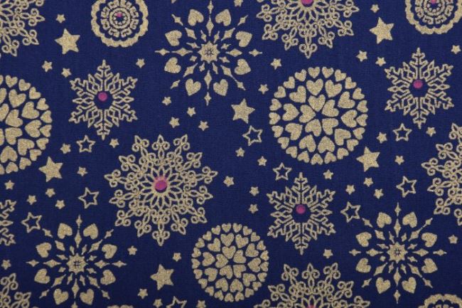 Vianočná látka z bavlny v modrej farbe s potlačou zlatých snehových vločiek 12707/008