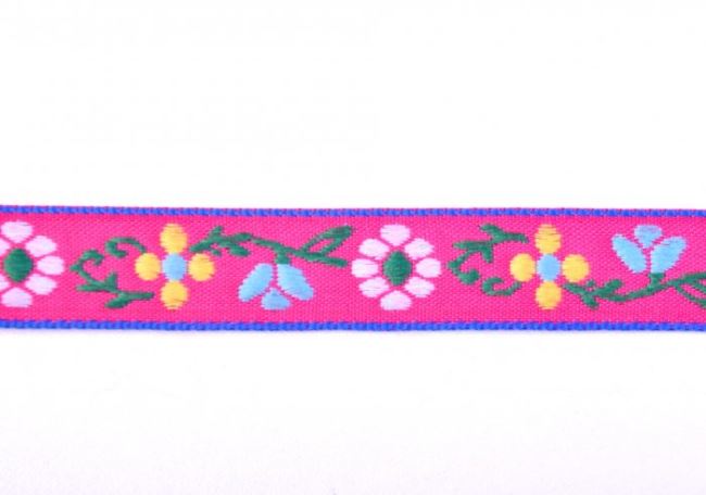 Ozdobná tkaná stuha v ružovej farbe s kvetmi 30116