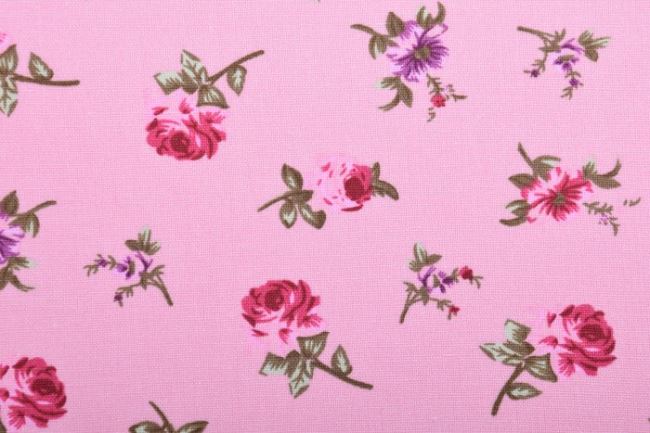 Viskózová látka s ľanom v ružovej farbe s potlačou kvetín 11535/012