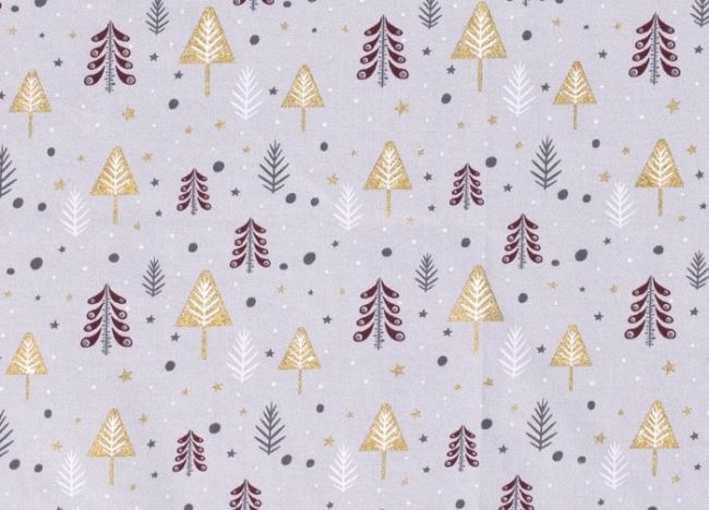 Vianočná látka z bavlny v šedej farbe s potlačou stromčekov 16711/061