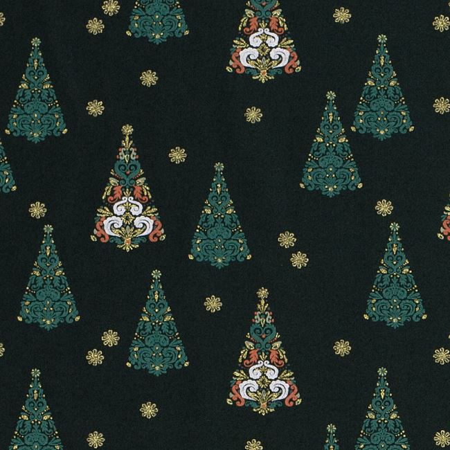 Vianočná látka z bavlny v zelenej farbe s potlačou ozdobných stromčekov 20742/028