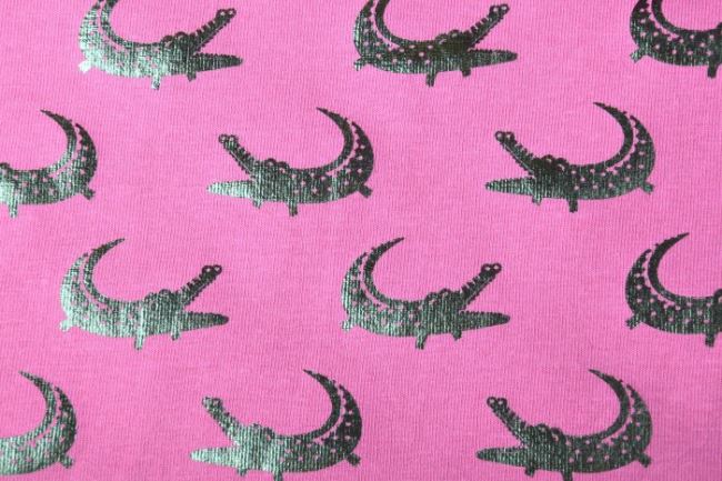 Bavlnený úplet ružovej farby s fóliovou potlačou krokodíla 13047/014