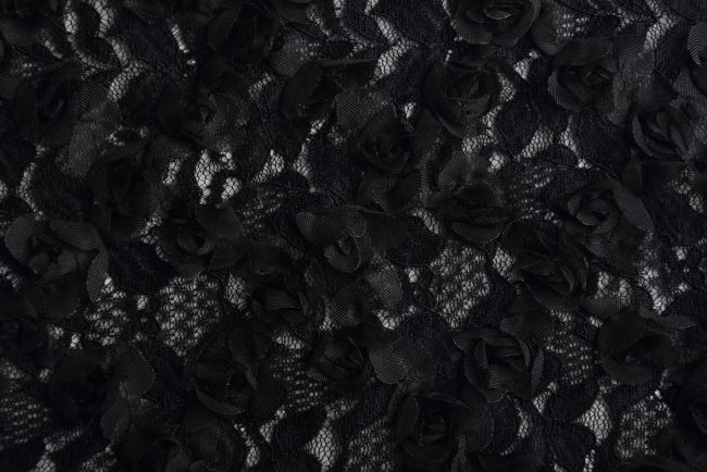 Čipka v čiernej farbe s plastickým vzorom kvetín 205069.5001