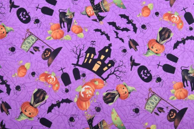 Americká bavlna na patchwork vo fialovej farbe s halloweenskou potlačou 199PYOPM/18