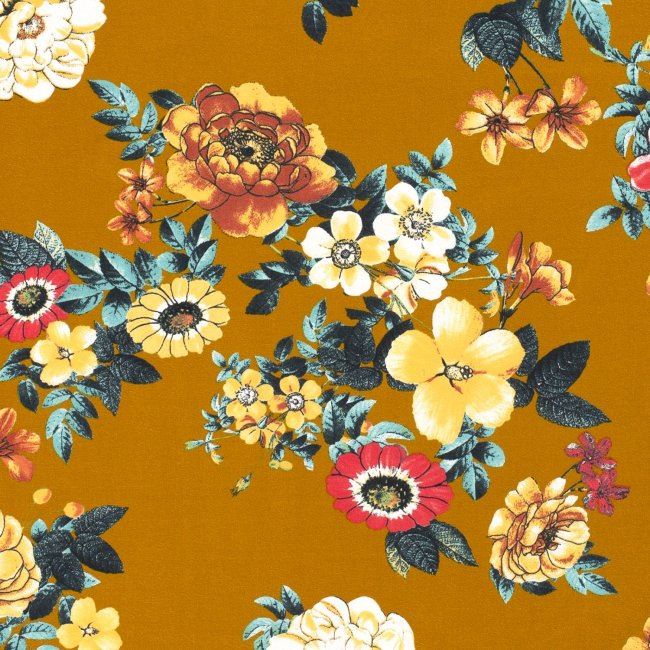Bavlnený úplet v okrovej farbe s digitálnou potlačou kvetín 15328/034