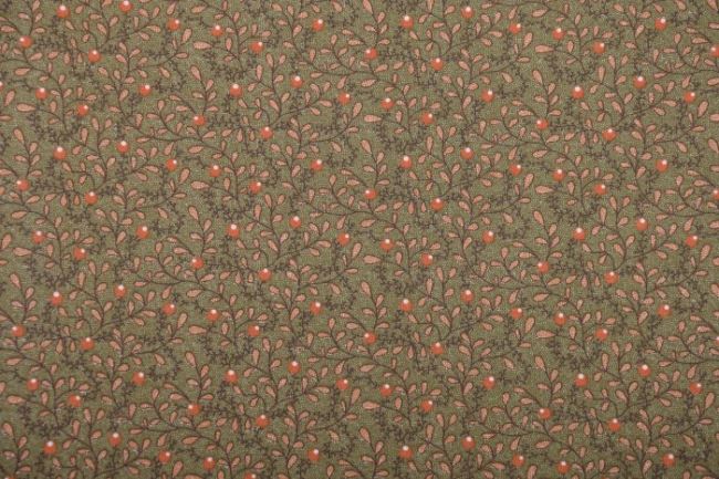 Americká bavlna na patchwork z kolekcie Spice it up v khaki farbe s lístočkami 38050-13