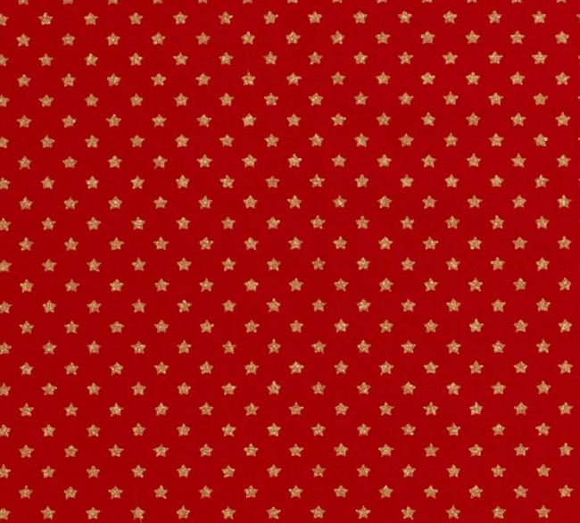 Vianočná látka z bavlny v červenej farbe s potlačou zlatých hviezdičiek 20703/015