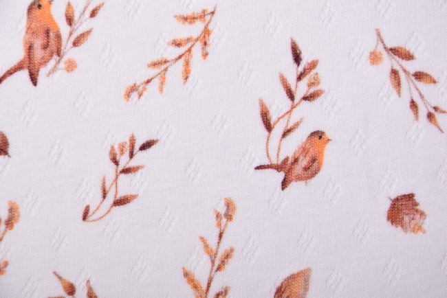 Bavlnený úplet v smotanovej farbe s digitálnou potlačou rastlín 184681