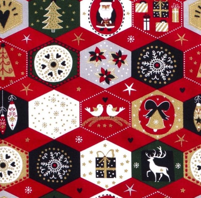 Vianočná látka z bavlny v červenej farbe s tematickou potlačou 14710/015