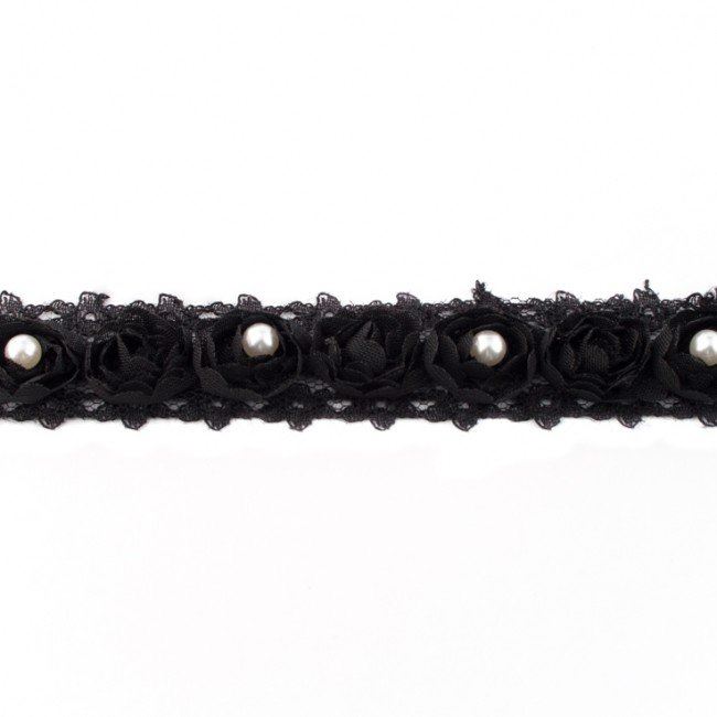 Čipka v čiernej farbe s ružičkami a perličkami 11175-B