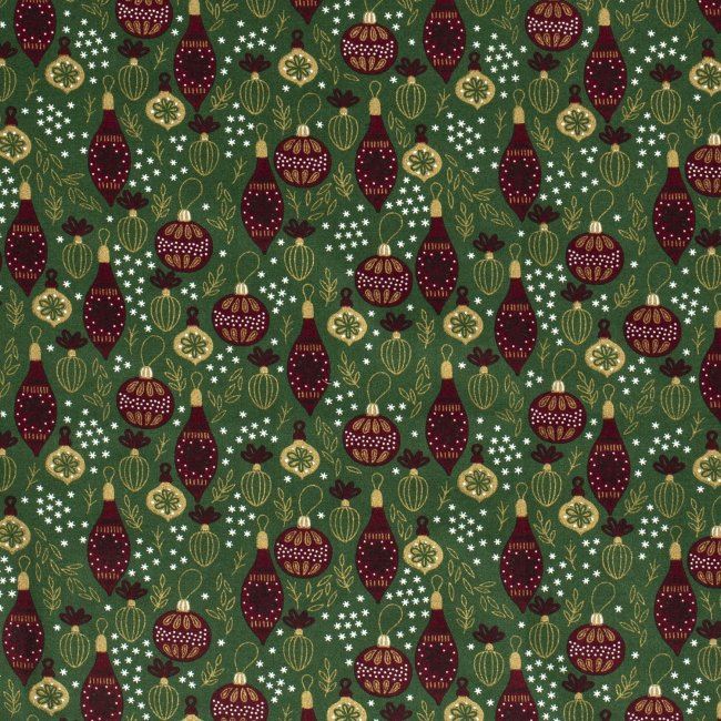Vianočná látka z bavlny v zelenej farbe s potlačou ozdôb 14705/025