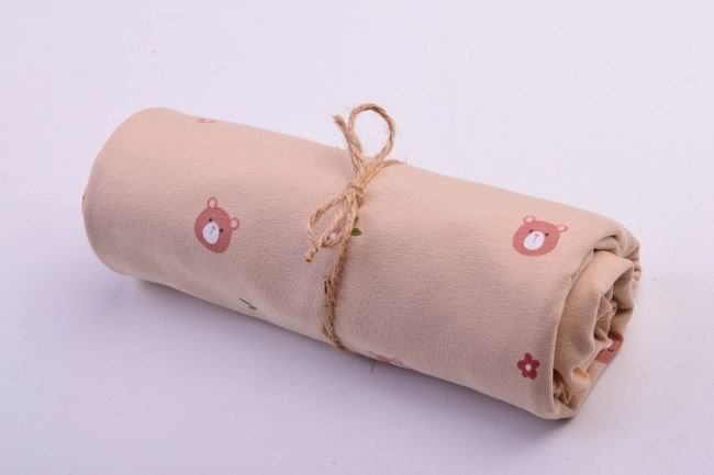 Rolička bavlneného úpletu v béžovej farbe s potlačou medvedíka a kvetín RO19458/052